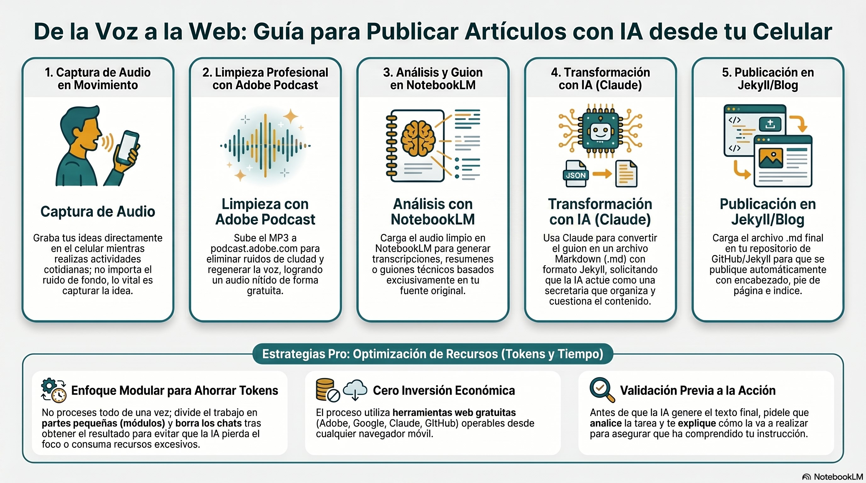 Diagrama del flujo de trabajo: del audio al post con IA