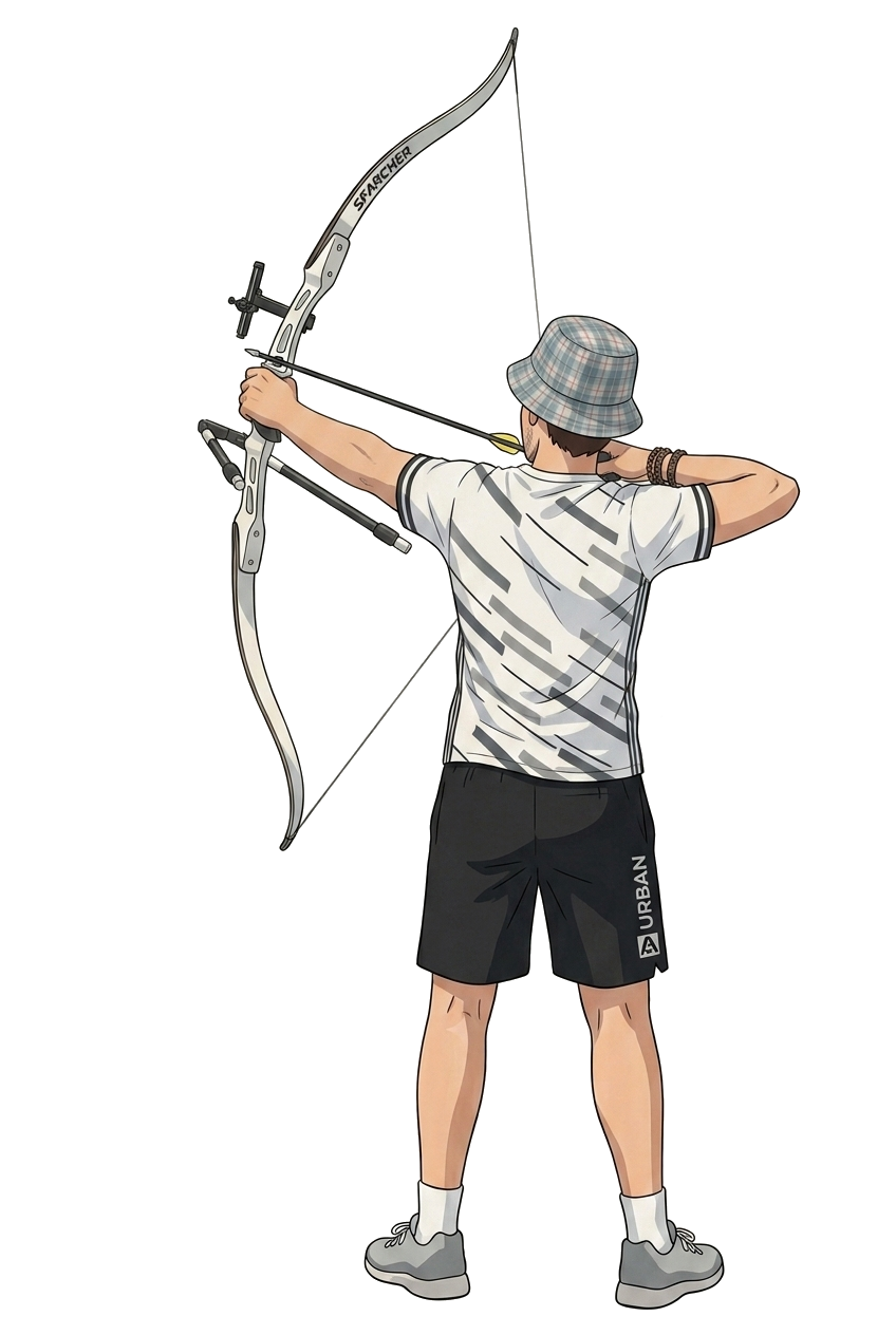 Raulito apuntando, con overrides de pose propios del módulo archery