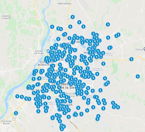 Mapa de Santa Cruz de la Sierra con la distribución georreferenciada de reportes de alumbrado público